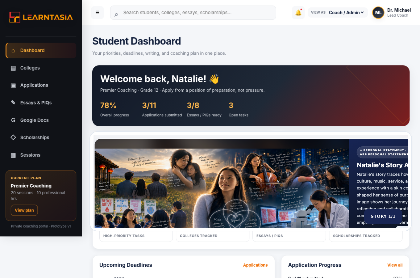 Learntasia coaching dashboard with personalized Story Visual carousel